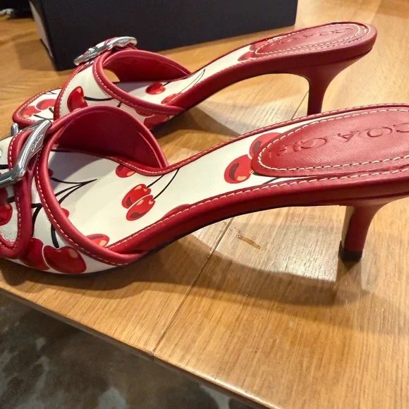 Coach Red and Cream Cherry Print Slide Sandals - Picture 2 of 6